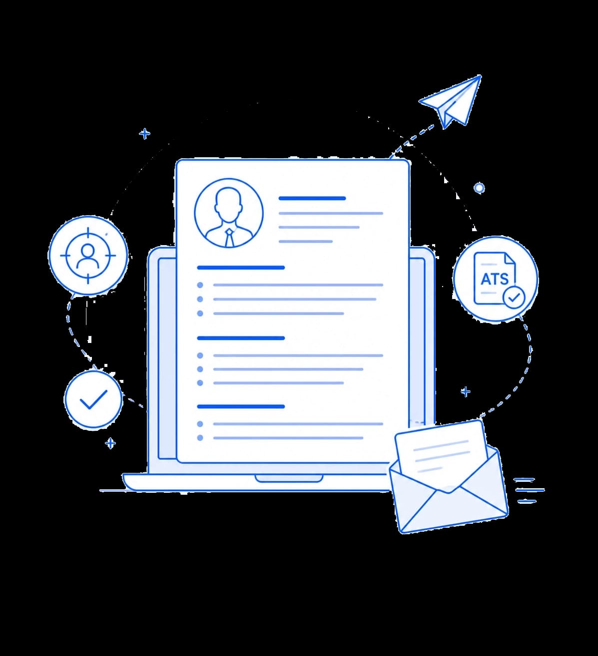 Illustration of a resume being reviewed, optimized for ATS, and sent to an employer