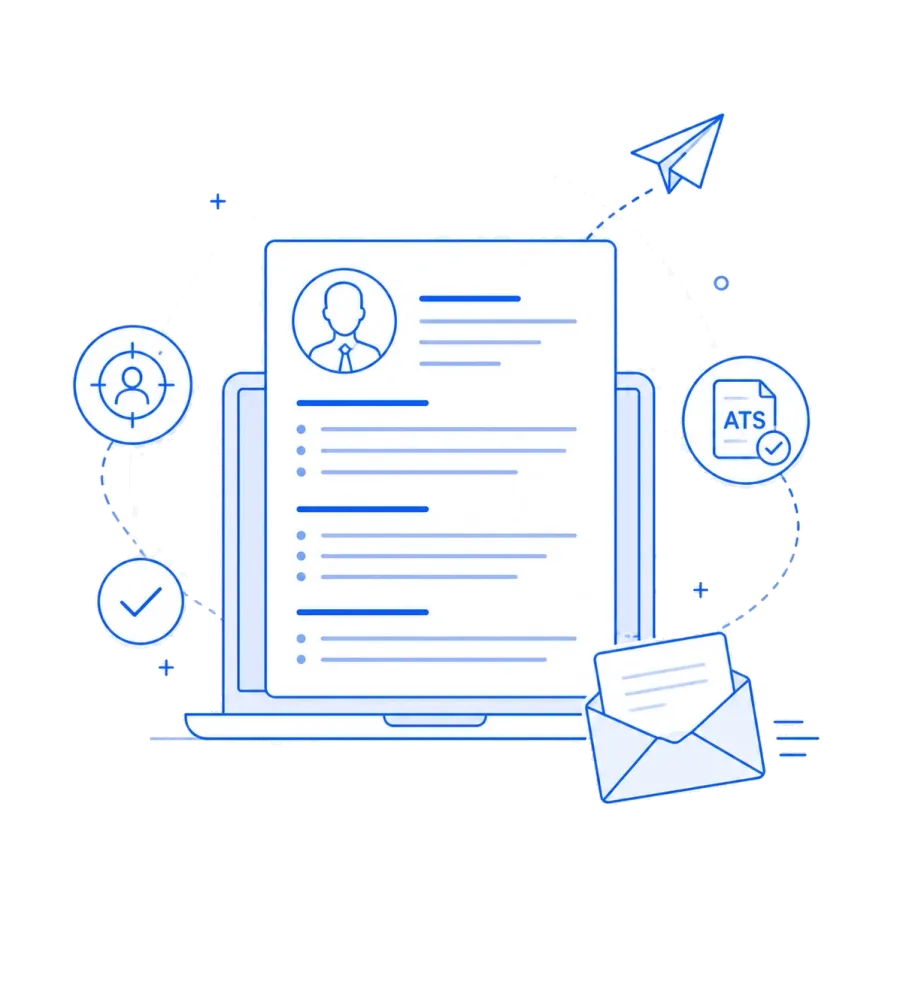 Illustration of a resume being reviewed, optimized for ATS, and sent to an employer