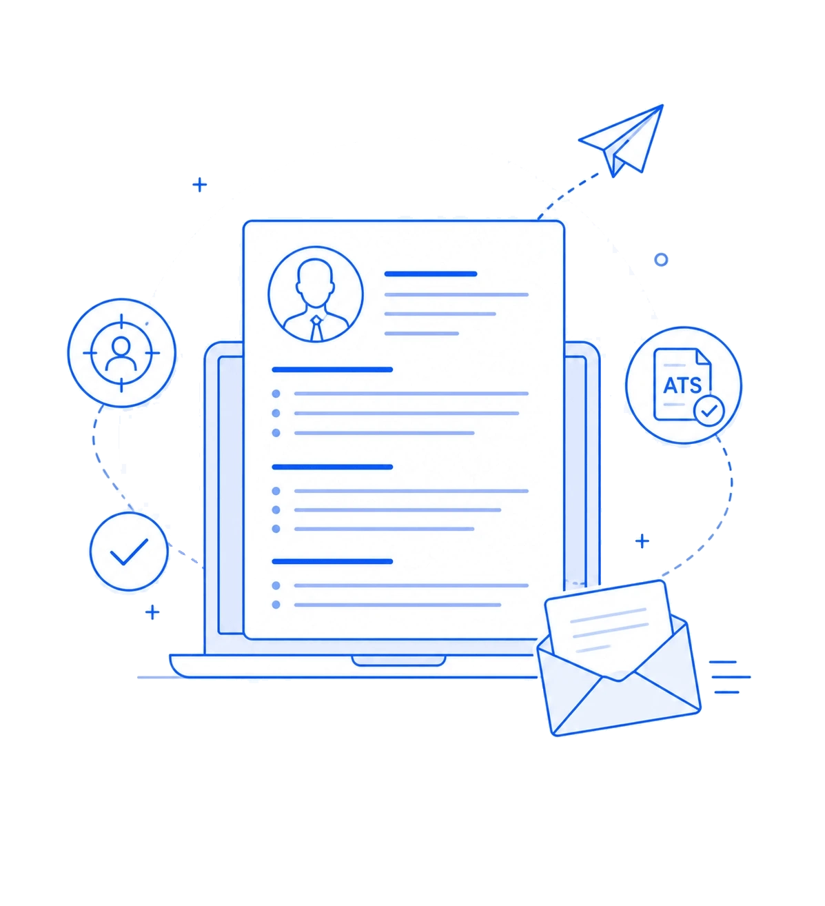 Illustration of a resume being reviewed, optimized for ATS, and sent to an employer